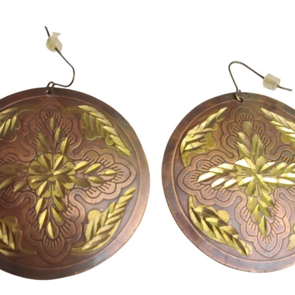 Copper Bronze Earrings Dangling Round Coin Mandala Artsy Bohemian Vintage 2"